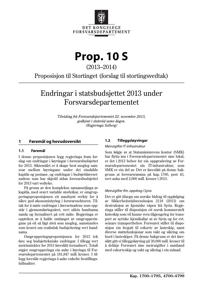 Forsiden av dokumentet Prop. 10 S (2013–2014)
