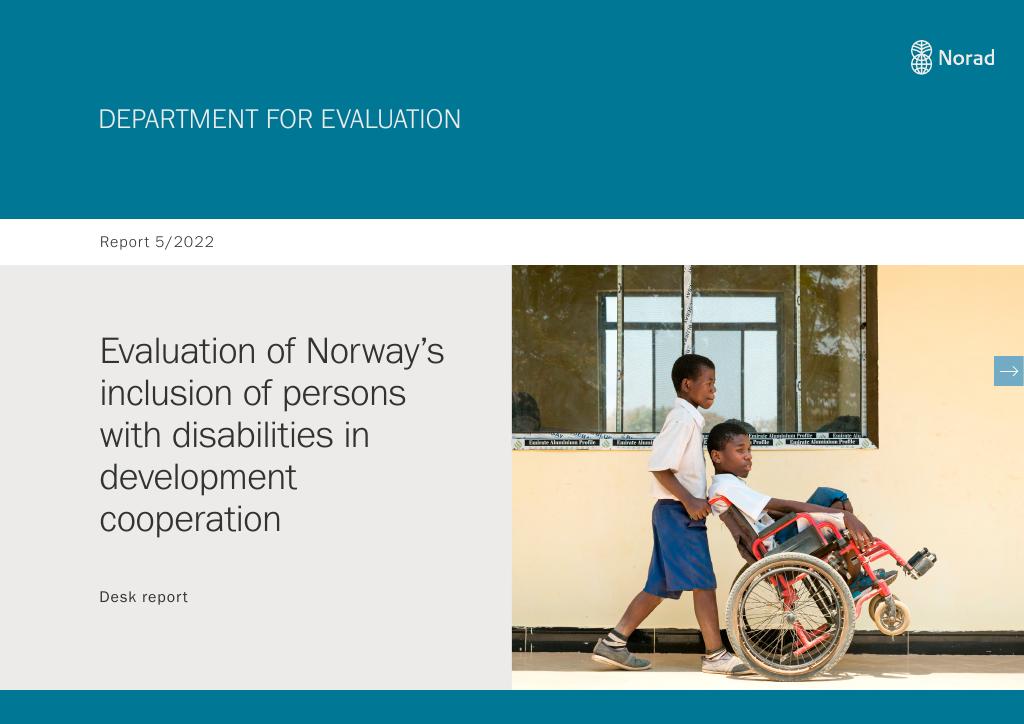 Forsiden av dokumentet Evaluering av Norges arbeid med å inkludere mennesker med nedsatt funksjonsevne i utviklingssamarbeidet