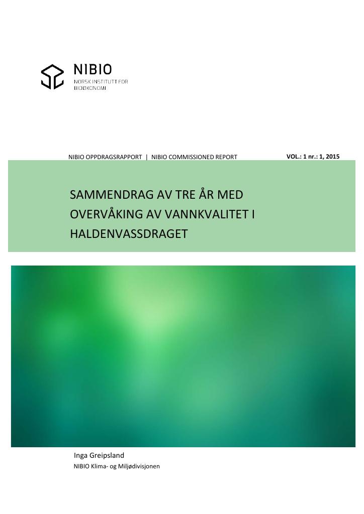 Forsiden av dokumentet Sammendrag av tre år med overvåking av vannkvalitet i Haldenvassdraget