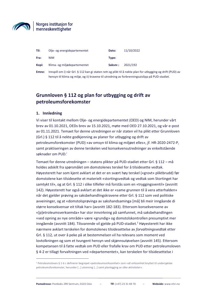 Forsiden av dokumentet Grunnloven § 112 og plan for utbygging og drift av petroleumsforekomster