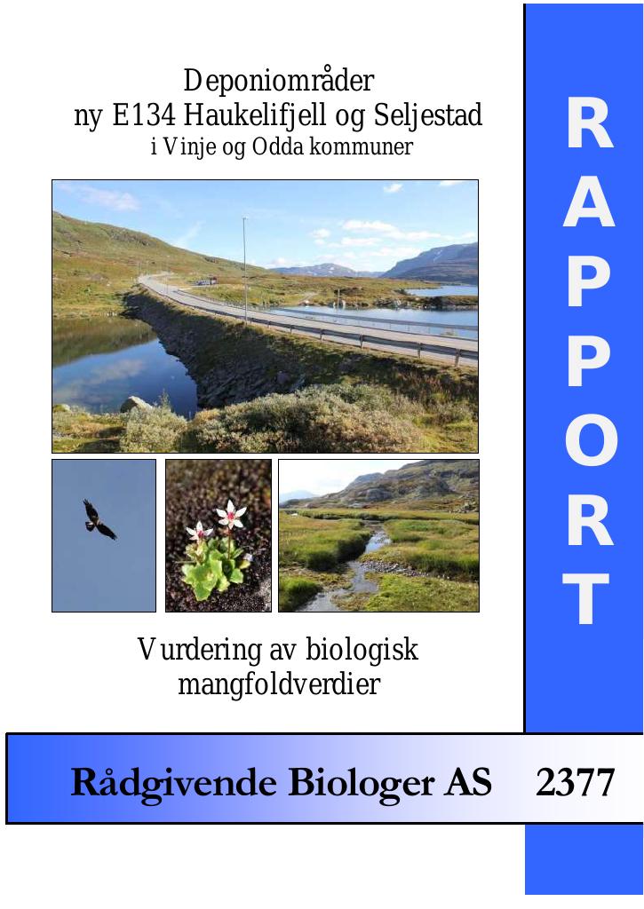 Forsiden av dokumentet Deponiområder ny E134 Haukelifjell og Seljestad i Vinje og Odda kommuner : vurdering av biologisk mangfoldverdier