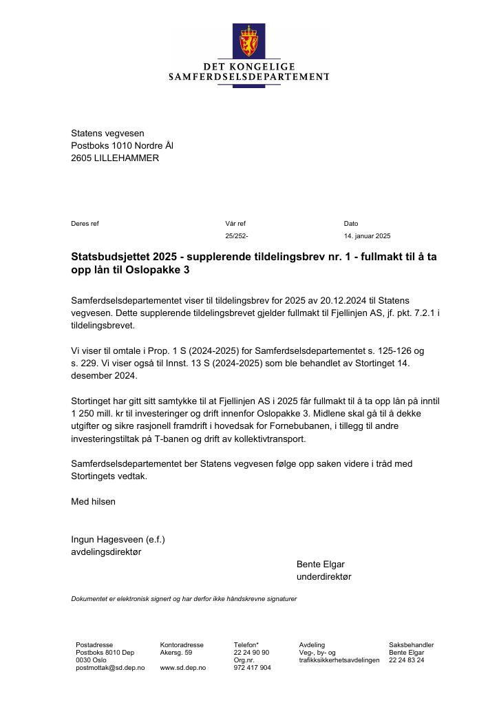 Forsiden av dokumentet Tildelingsbrev Statens vegvesen 2025 - tillegg nr. 1
