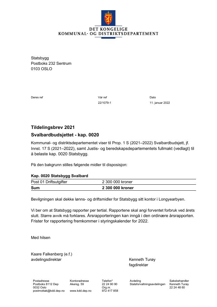 Forsiden av dokumentet Tildelingsbrev Statsbygg Svalbardbudsjettet 2021