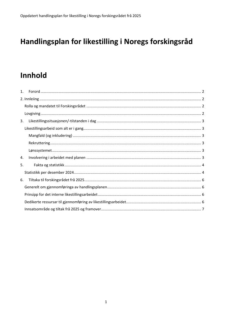 Forsiden av dokumentet Oppdatert handlingsplan for likestilling i Noregs forskingsrådet frå 2025