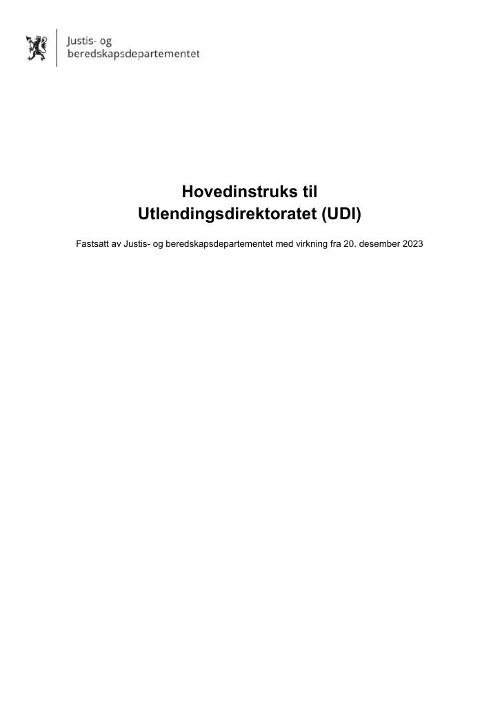 Forsiden av dokumentet Hovedinstruks til Utlendingsdirektoratet (UDI) med virkning fra 20. desember 2023