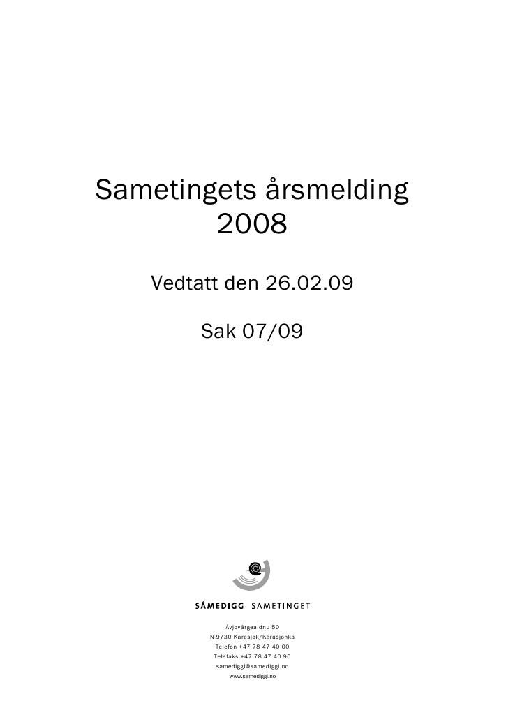 Forsiden av dokumentet Årsrapport Sametinget 2008