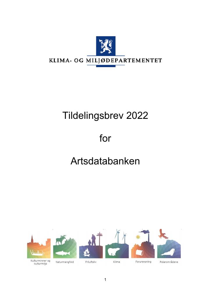 Forsiden av dokumentet Tildelingsbrev Artsdatabanken 2022