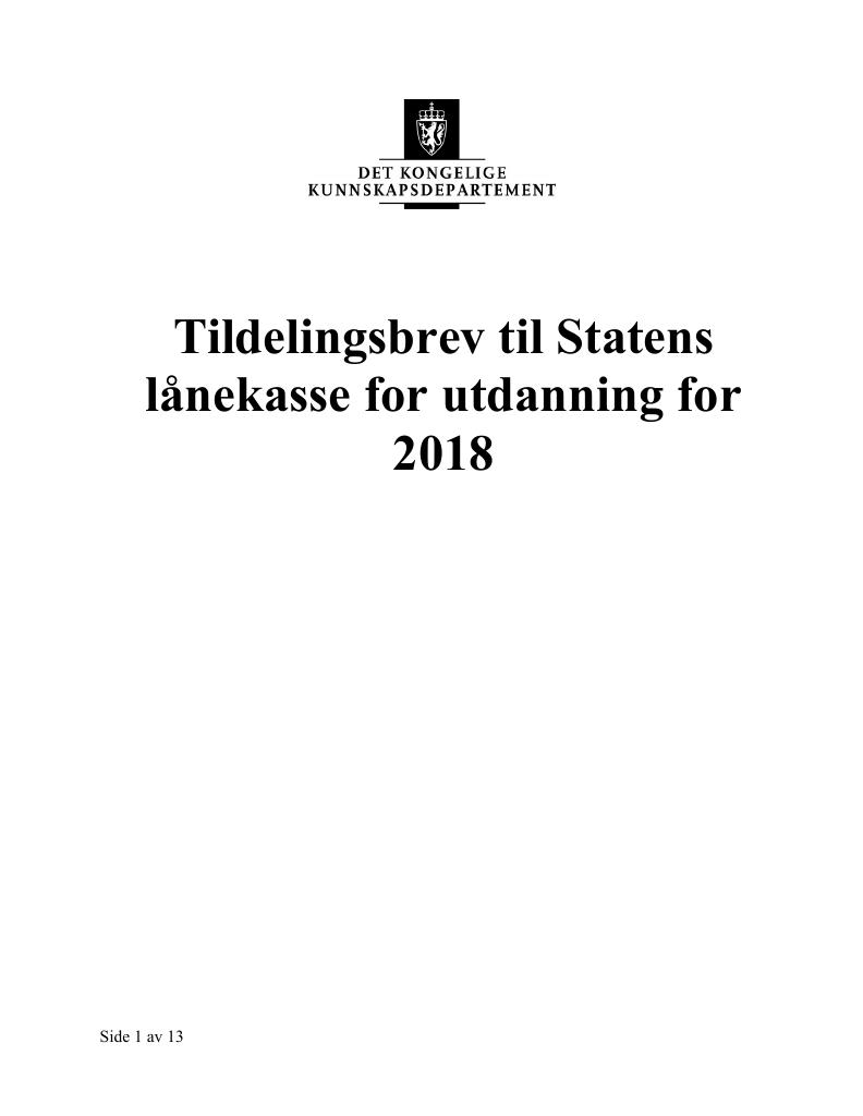 Forsiden av dokumentet Tildelingsbrev 2018