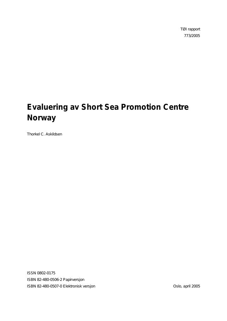 Forsiden av dokumentet Evaluering av Short Sea Promotion Centre Norway 