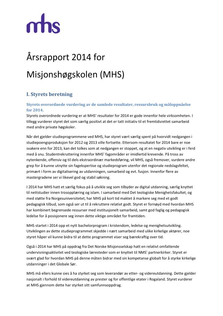 Forsiden av dokumentet Årsrapport Misjonshøgskolen 2014