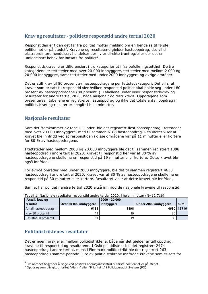 Forsiden av dokumentet Krav og resultater - politiets responstid andre tertial 2020
