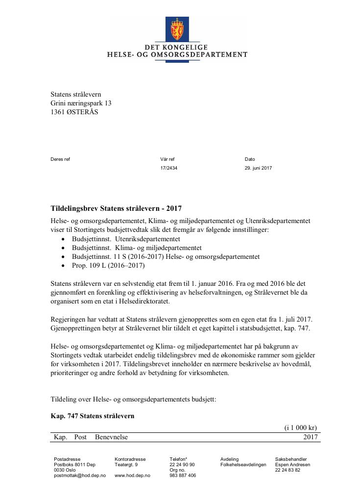 Forsiden av dokumentet Tildelingsbrev (pdf)