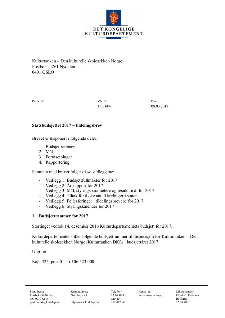 Forsiden av dokumentet Tildelingsbrev (.pdf)