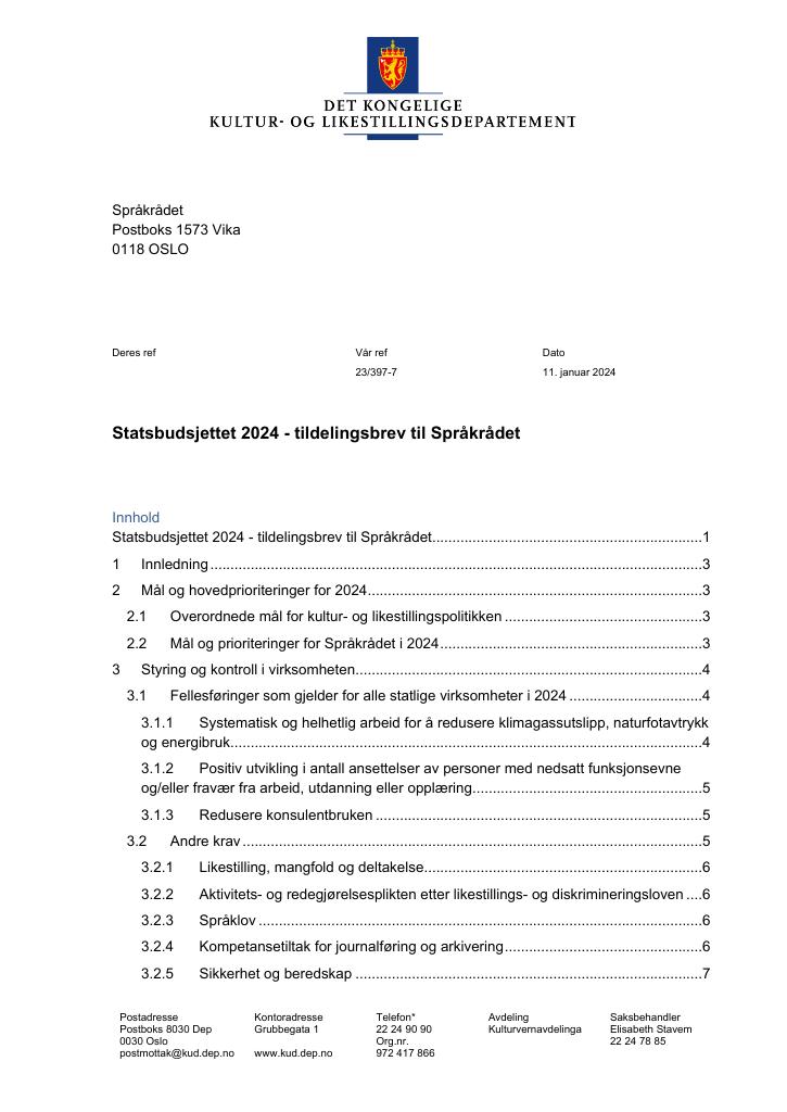 Forsiden av dokumentet Tildelingsbrev 2024 (.pdf)