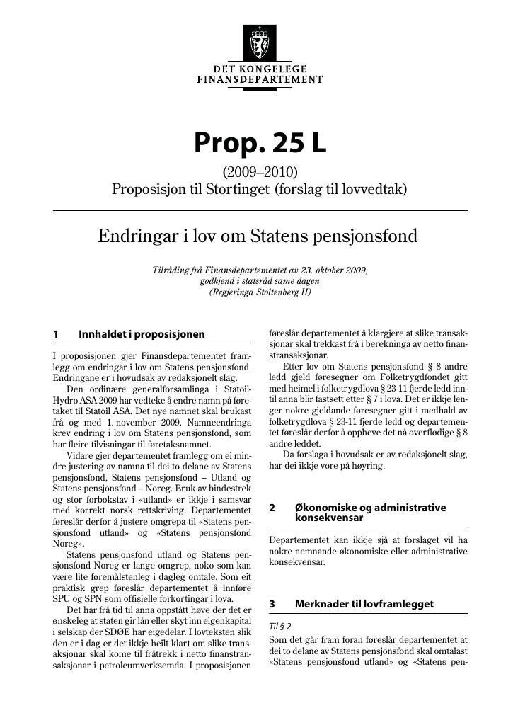 Forsiden av dokumentet Prop. 25 L (2009-2010)