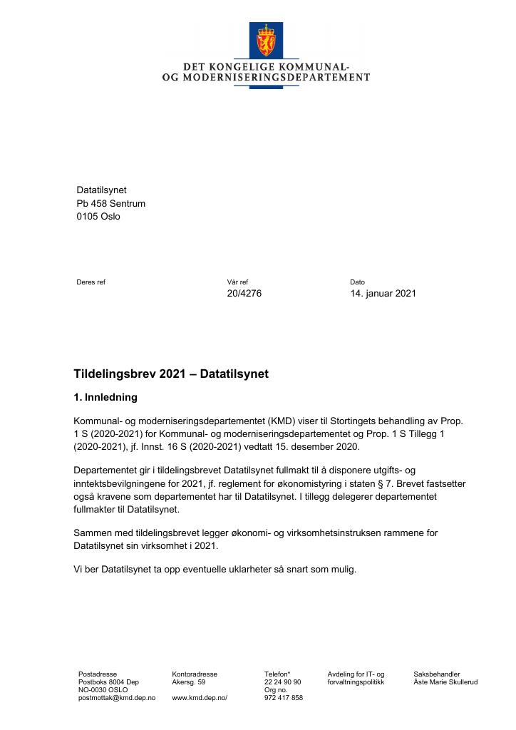 Forsiden av dokumentet Tildelingsbrev Datatilsynet 2021