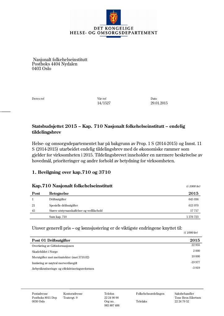 Forsiden av dokumentet Tildelingsbrev (pdf)