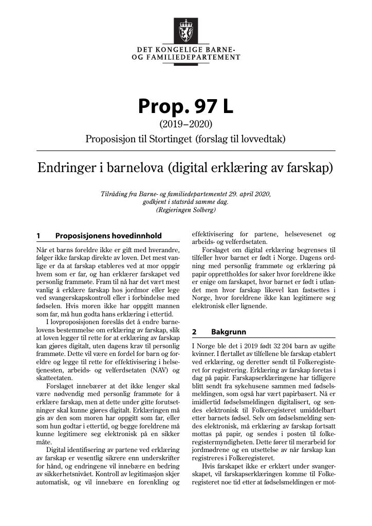 Forsiden av dokumentet Prop. 97 L (2019–2020)