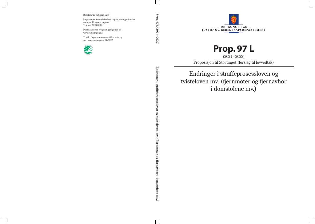Forsiden av dokumentet Prop. 97 L (2021–2022)