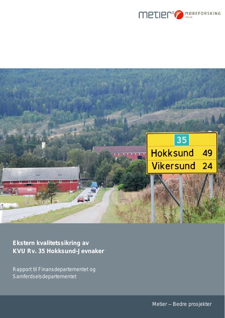Forsiden av dokumentet Ekstern kvalitetssikring av KVU Rv. 35 Hokksund-Jevnaker