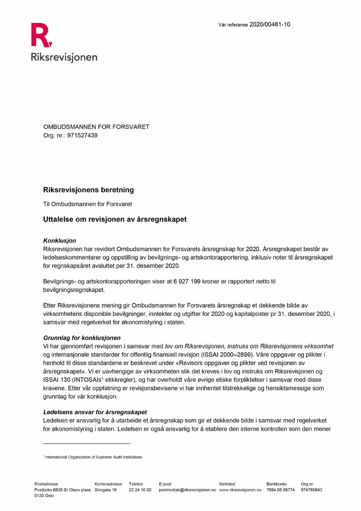 Forsiden av dokumentet Revisjonsberetning Ombudsmannen for Forsvaret 2020