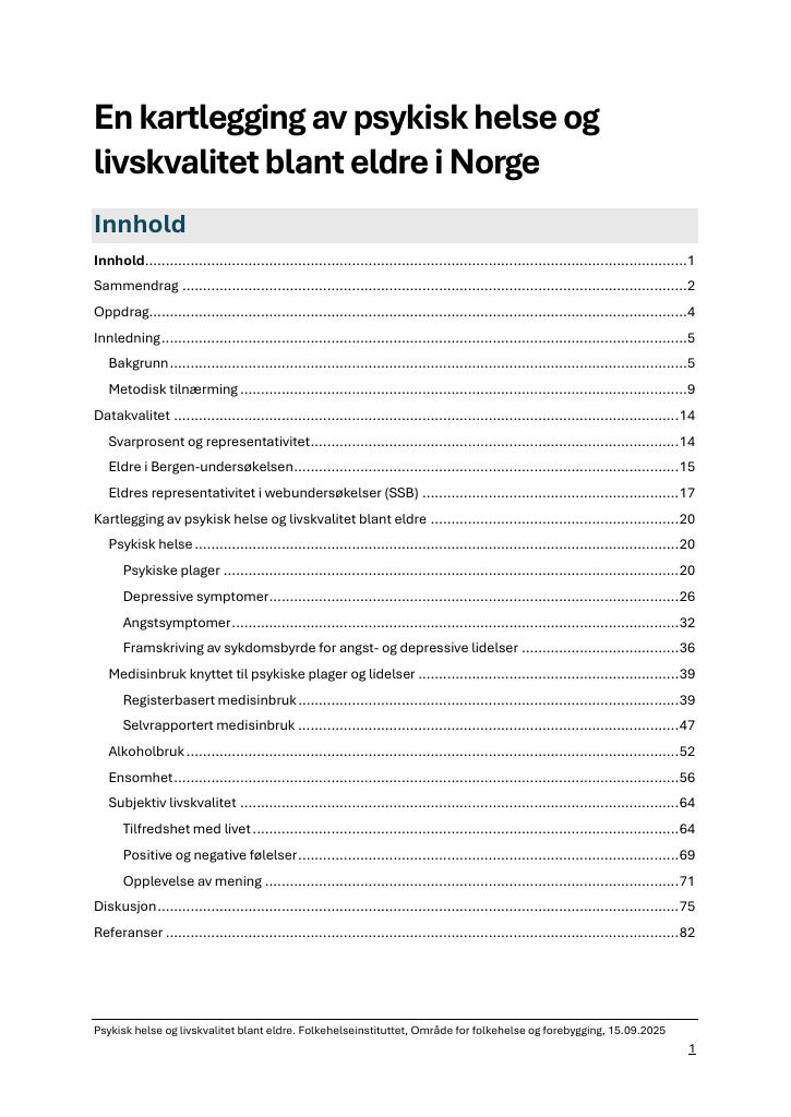 Forsiden av dokumentet Kartlegging av psykisk helse og livskvalitet blant eldre i Norge