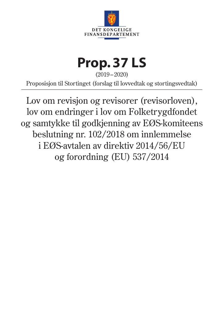 Forsiden av dokumentet Prop. 37 LS (2019–2020)