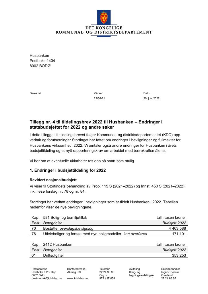 Tildelingsbrev Husbanken 2022 - Tillegg Nr. 4 - Kudos