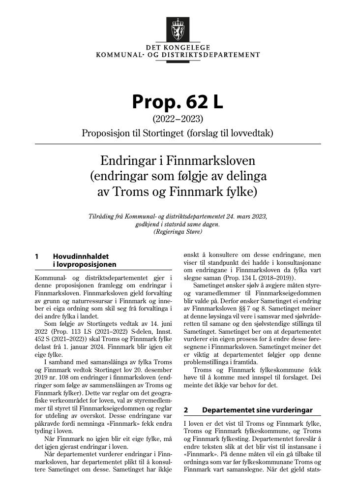 Forsiden av dokumentet Prop. 62 L (2022–2023)