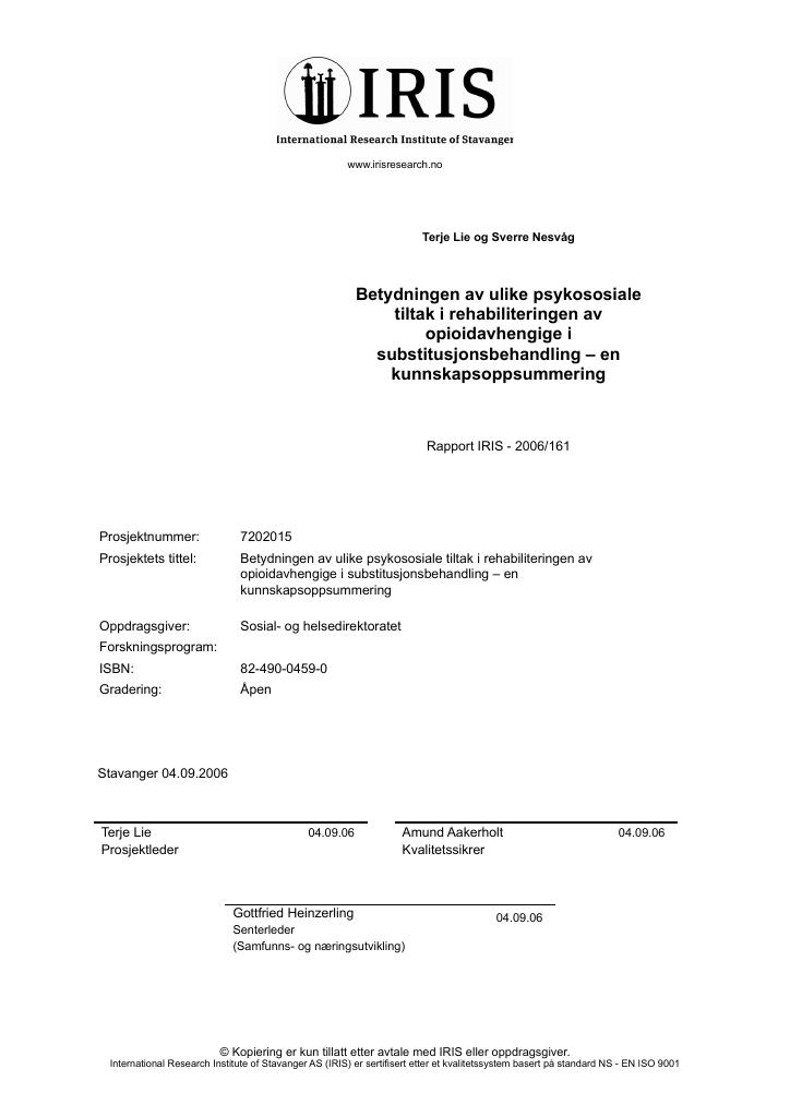 Forsiden av dokumentet Betydningen av ulike psykososiale tiltak i rehabiliteringen av opioidavhengige i substitusjonsbehandling