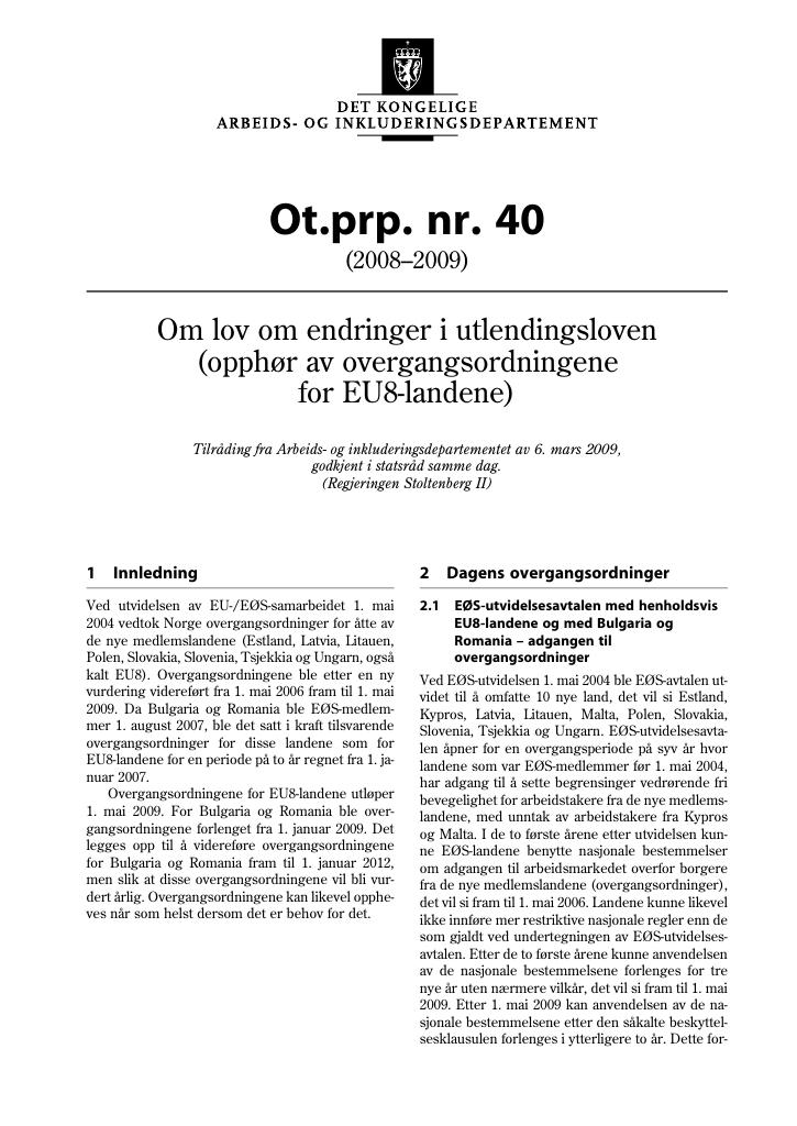 Forsiden av dokumentet Ot.prp. nr. 40 (2008-2009)