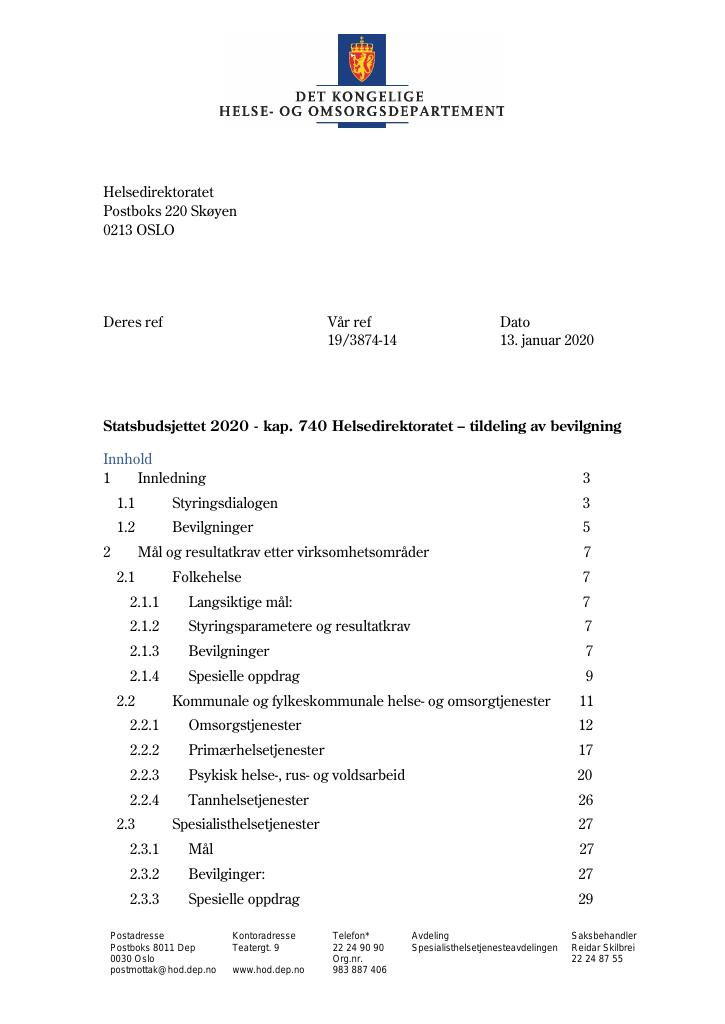 Forsiden av dokumentet Tildelingsbrev Helsedirektoratet 2020