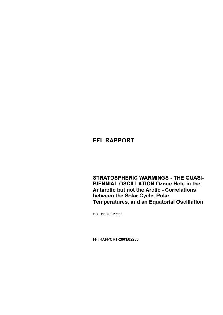 Forsiden av dokumentet Stratospheric warmings - the quasi-biennal oscillation : ozone hole in the Antarctic but not the Arctic : correlations between the solar cycle, polar temperatures, and an equatorial oscillation