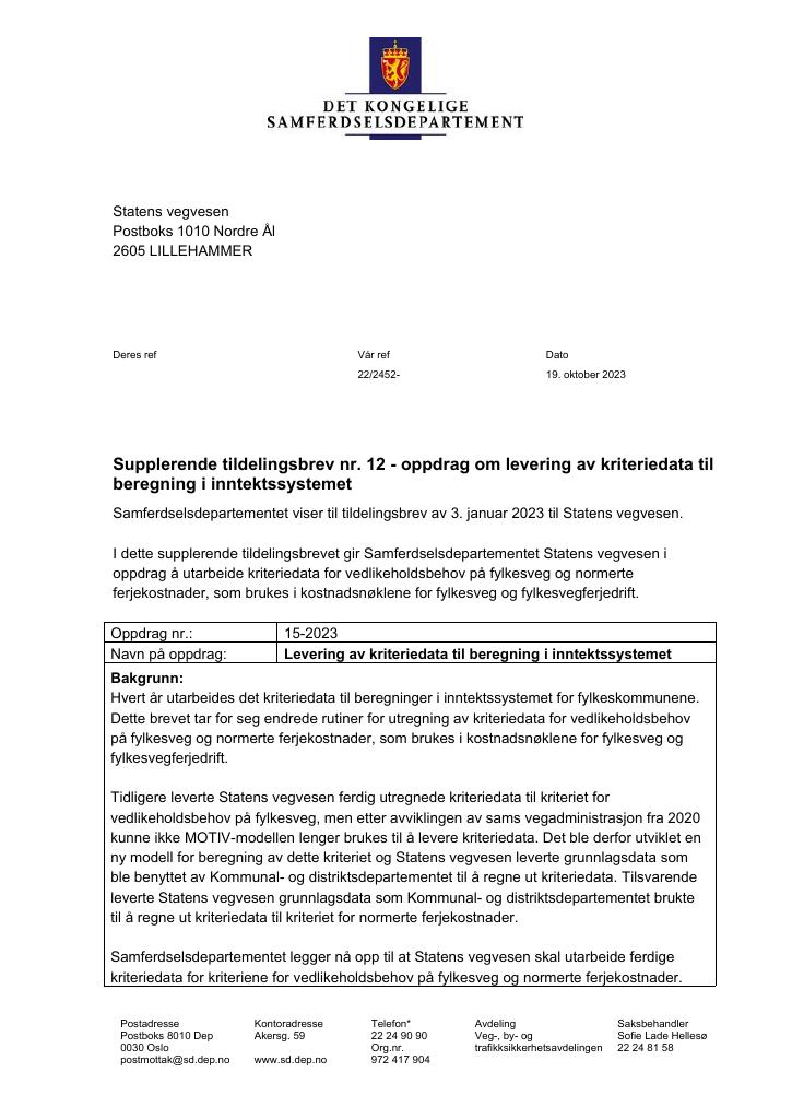 Forsiden av dokumentet Tildelingsbrev Statens vegvesen 2023 - tillegg nr. 12