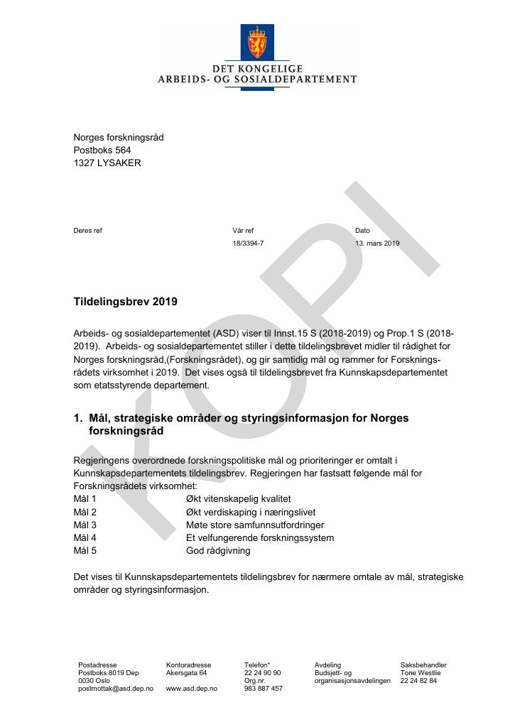 Forsiden av dokumentet Tildelingsbrev Noregs forskingsråd 2019