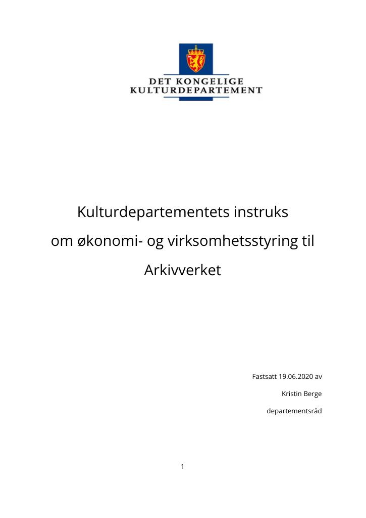 Forsiden av dokumentet Kulturdepartementets reviderte instruks om økonomi- og virksomhetsstyring til Arkivverket (fastsatt 19. juni 2020) (.pdf)