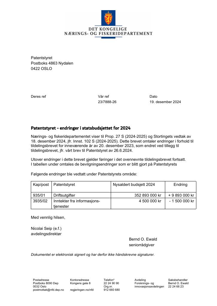 Forsiden av dokumentet Tildelingsbrev Patentstyret 2024 - tillegg nr. 2.