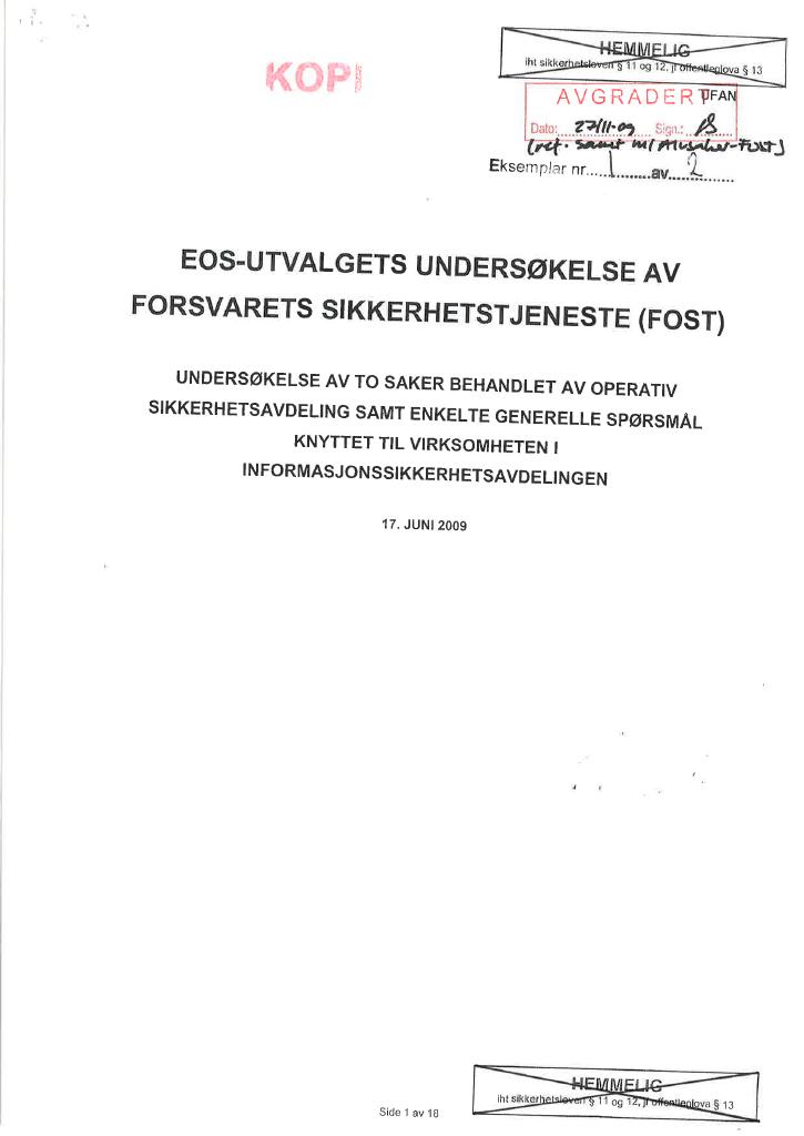 Forsiden av dokumentet EOS-utvalgets undersøkelse av Forsvarets sikkerhetstjeneste (FOST)