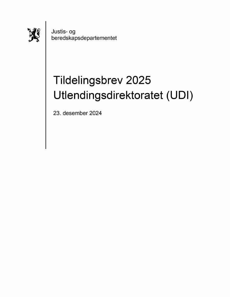 Forsiden av dokumentet Tildelingsbrev 2025 Utlendingsdirektoratet (UDI)