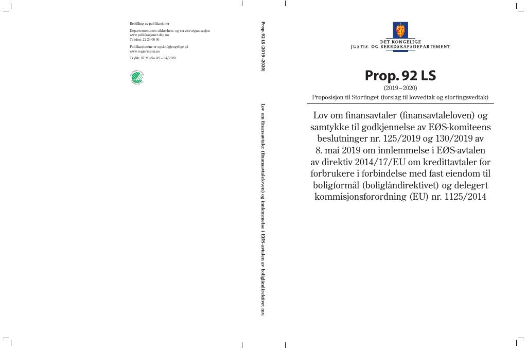 Forsiden av dokumentet Prop. 92 LS (2019–2020)