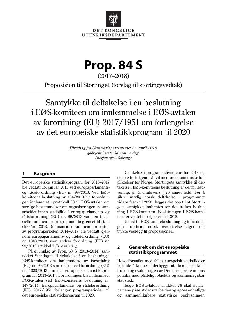 Forsiden av dokumentet Prop. 84 S (2017–2018)