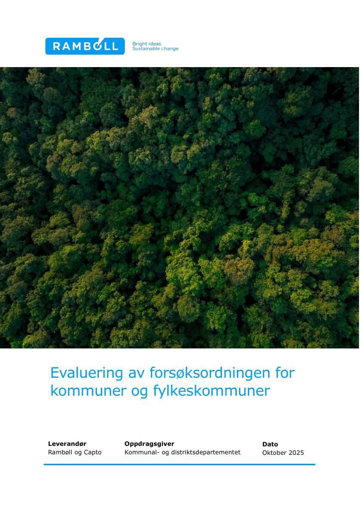 Forsiden av dokumentet Evaluering av forsøksordningen for kommuner og fylkeskommuner