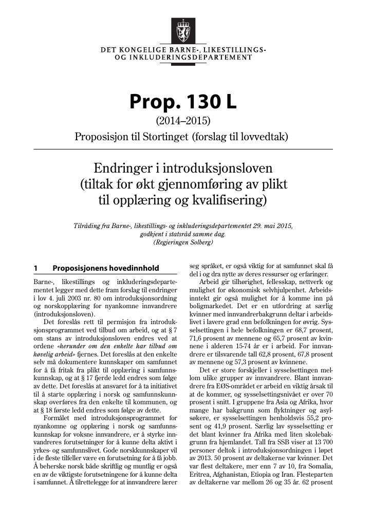 Forsiden av dokumentet Prop. 130 L (2014–2015)