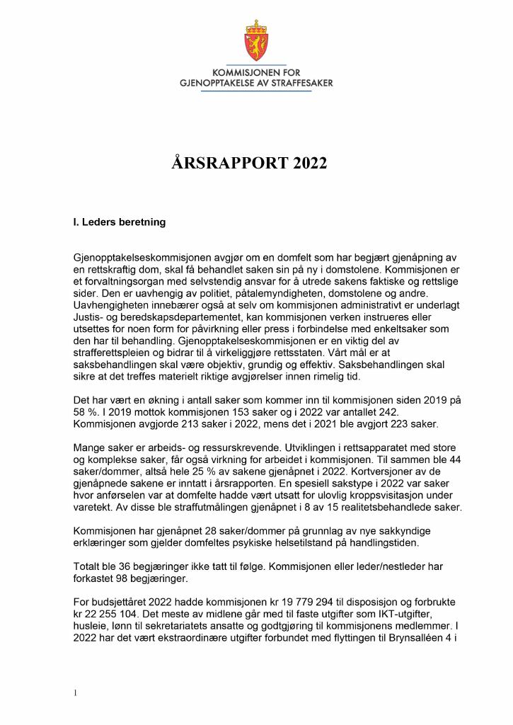 Forsiden av dokumentet Årsrapport Kommisjonen for gjenopptakelse av straffesaker 2022