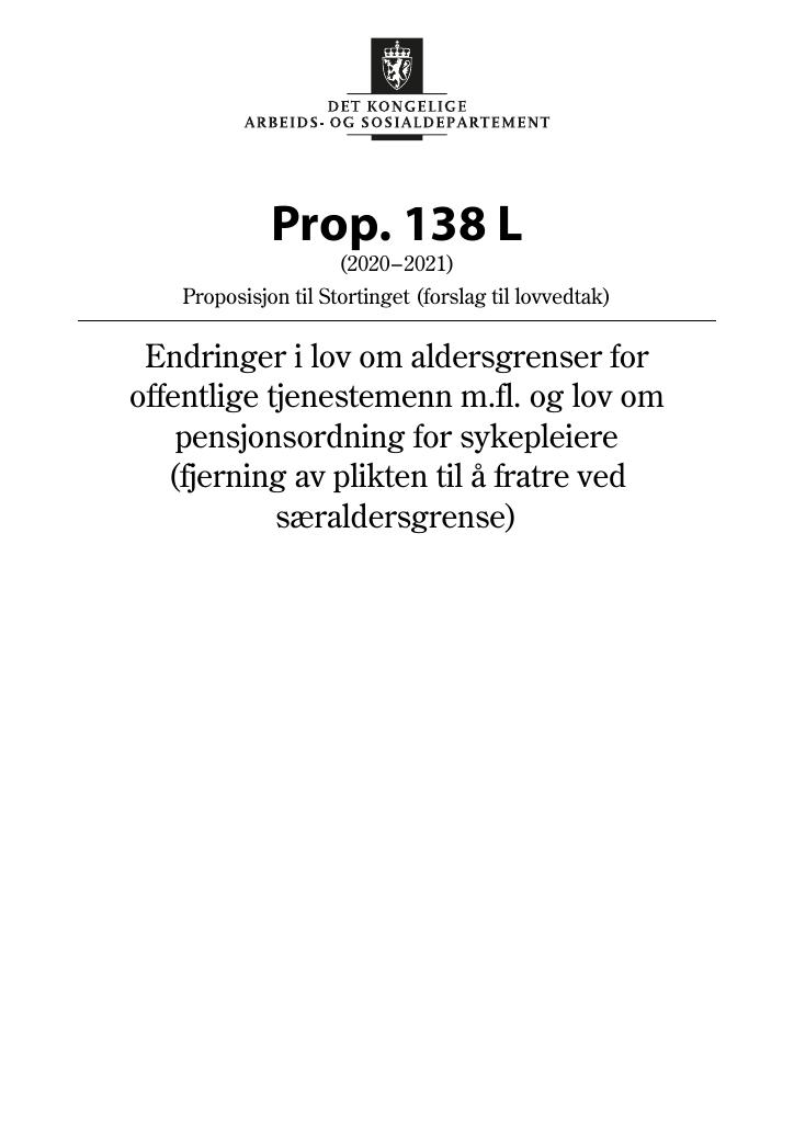 Forsiden av dokumentet Prop. 138 L (2020–2021)
