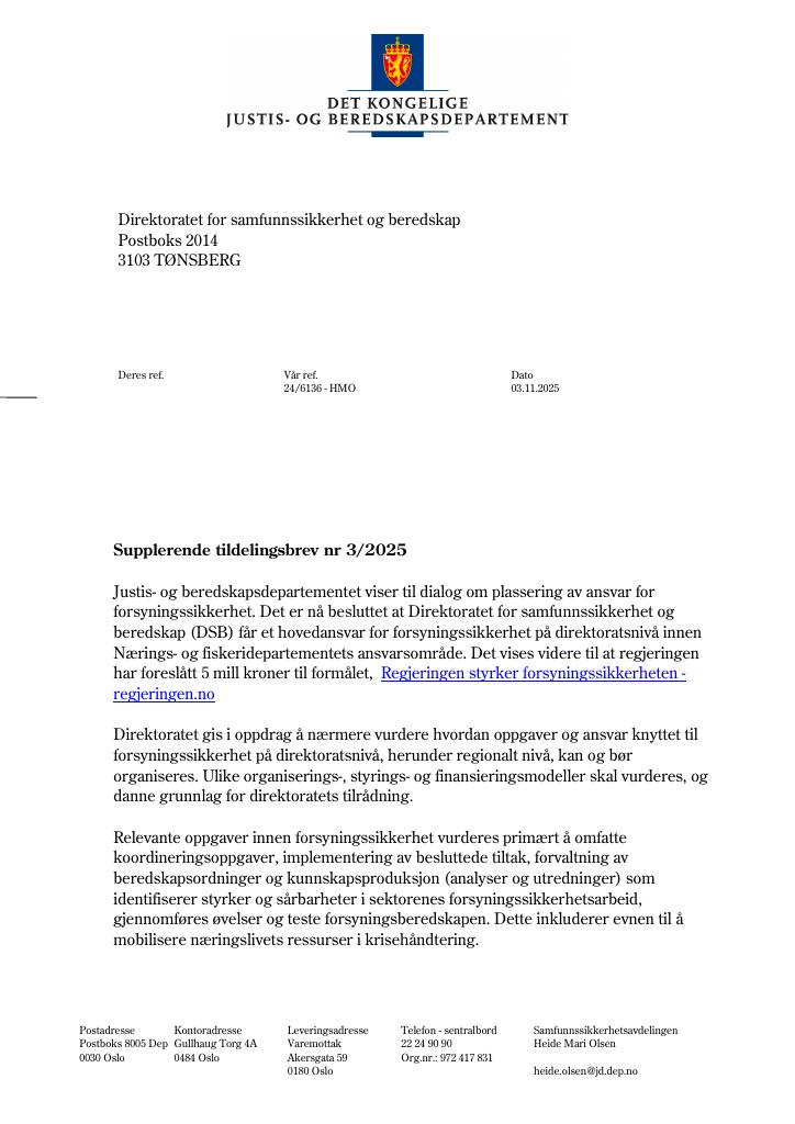 Forsiden av dokumentet Tildelingsbrev Direktoratet for samfunnssikkerhet og beredskap 2025 - tillegg nr. 3