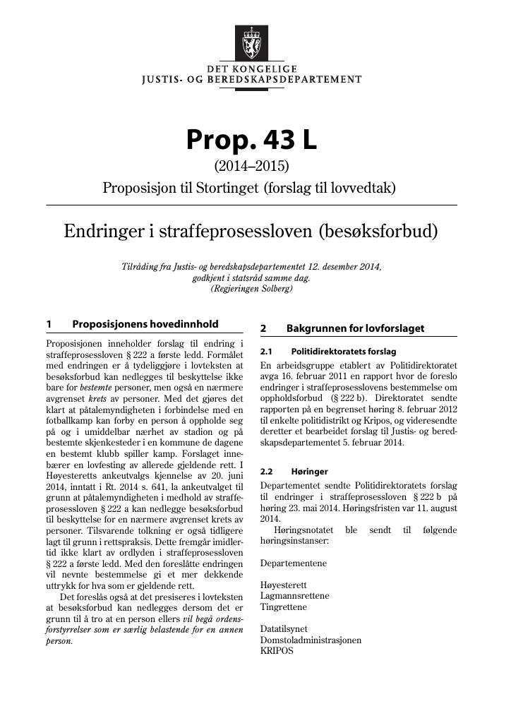 Forsiden av dokumentet Prop. 43 L (2014-2015)