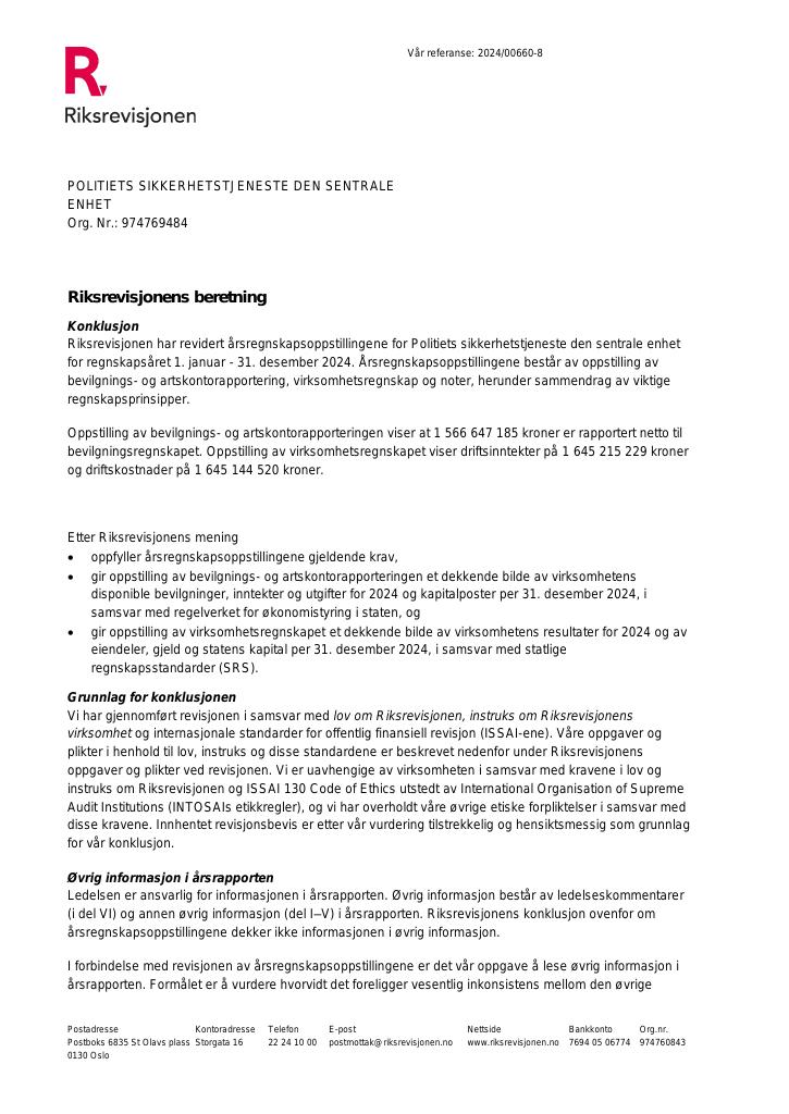 Forsiden av dokumentet Revisjonsberetning Politiets sikkerhetstjeneste 2024
