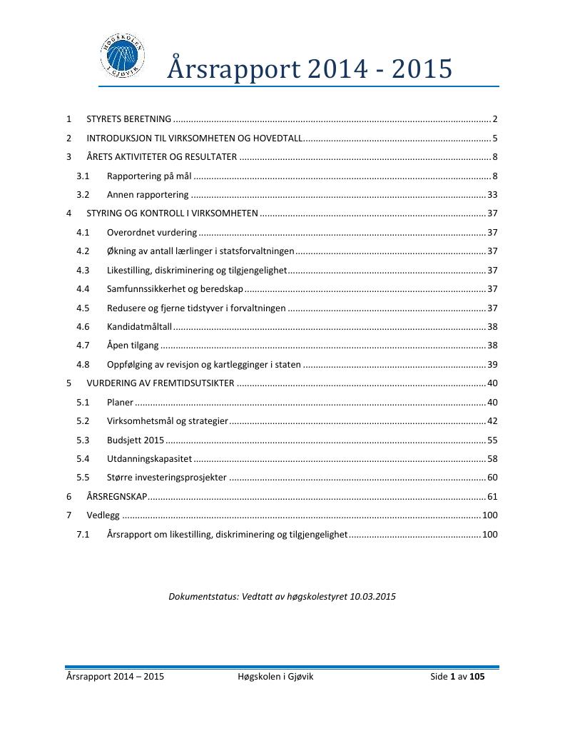 Forsiden av dokumentet Årsrapport Høgskolen i Gjøvik 2014