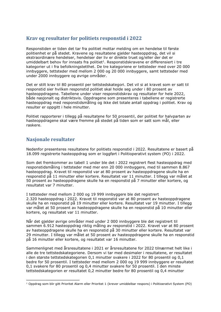 Forsiden av dokumentet Krav og resultater for politiets responstid i 2022